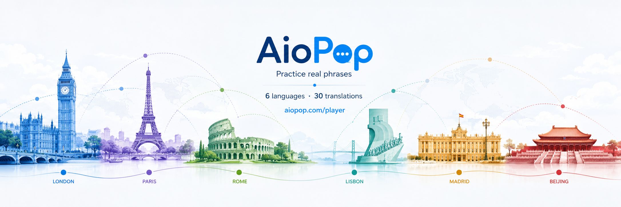 AioPop - Learn languages with 6 world capitals: London, Paris, Rome, Lisbon, Madrid, Beijing